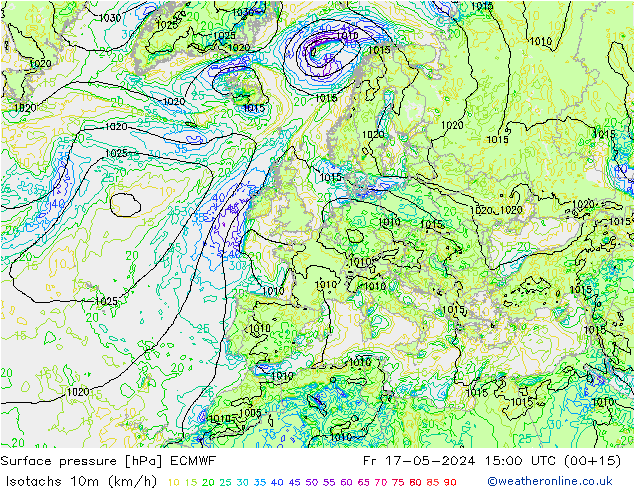 Isotachs (kph) ECMWF Fr 17.05.2024 15 UTC