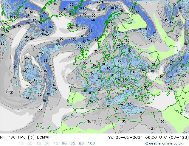 RH 700 hPa ECMWF sab 25.05.2024 06 UTC