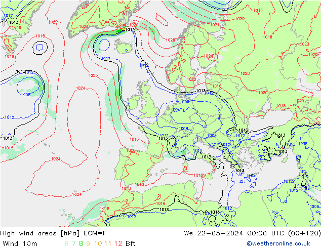 High wind areas ECMWF St 22.05.2024 00 UTC