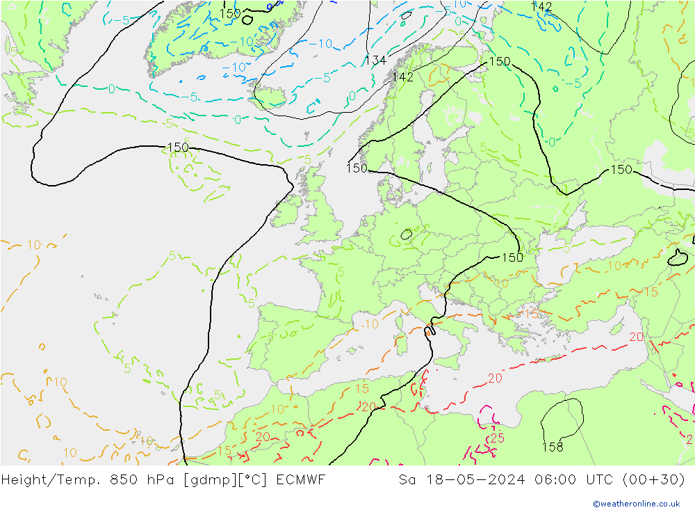 Height/Temp. 850 hPa ECMWF sab 18.05.2024 06 UTC