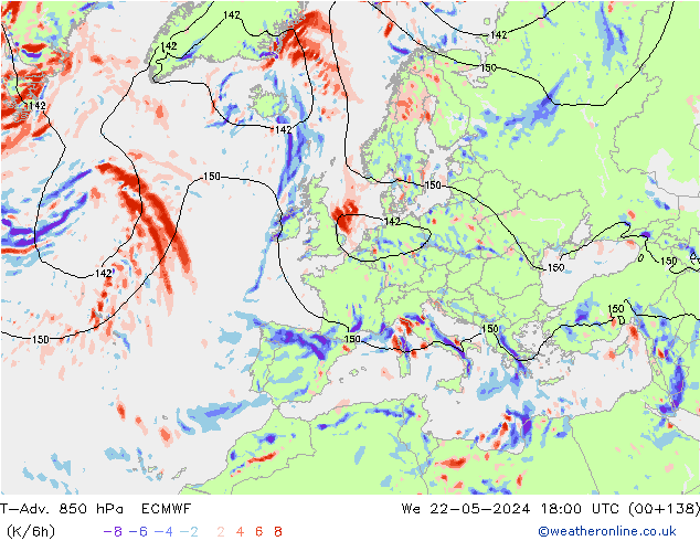 T-Adv. 850 hPa ECMWF wo 22.05.2024 18 UTC