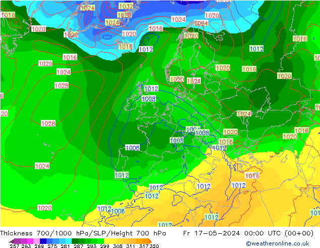 Schichtdicke 700-1000 hPa ECMWF Fr 17.05.2024 00 UTC