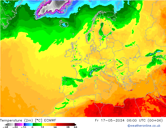 Temperatuurkaart (2m) ECMWF vr 17.05.2024 06 UTC