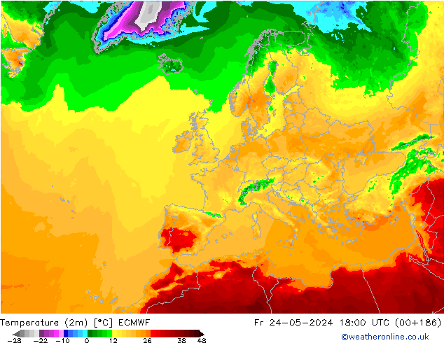 Temperatuurkaart (2m) ECMWF vr 24.05.2024 18 UTC