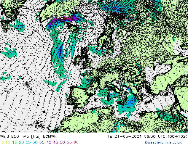 Wind 850 hPa ECMWF Tu 21.05.2024 06 UTC