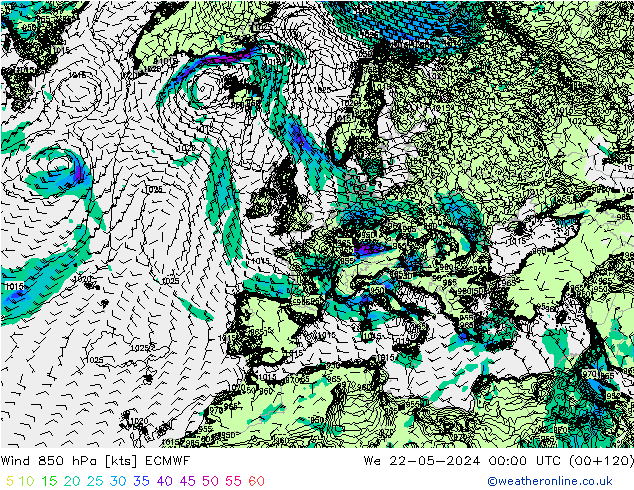 Wind 850 hPa ECMWF Mi 22.05.2024 00 UTC