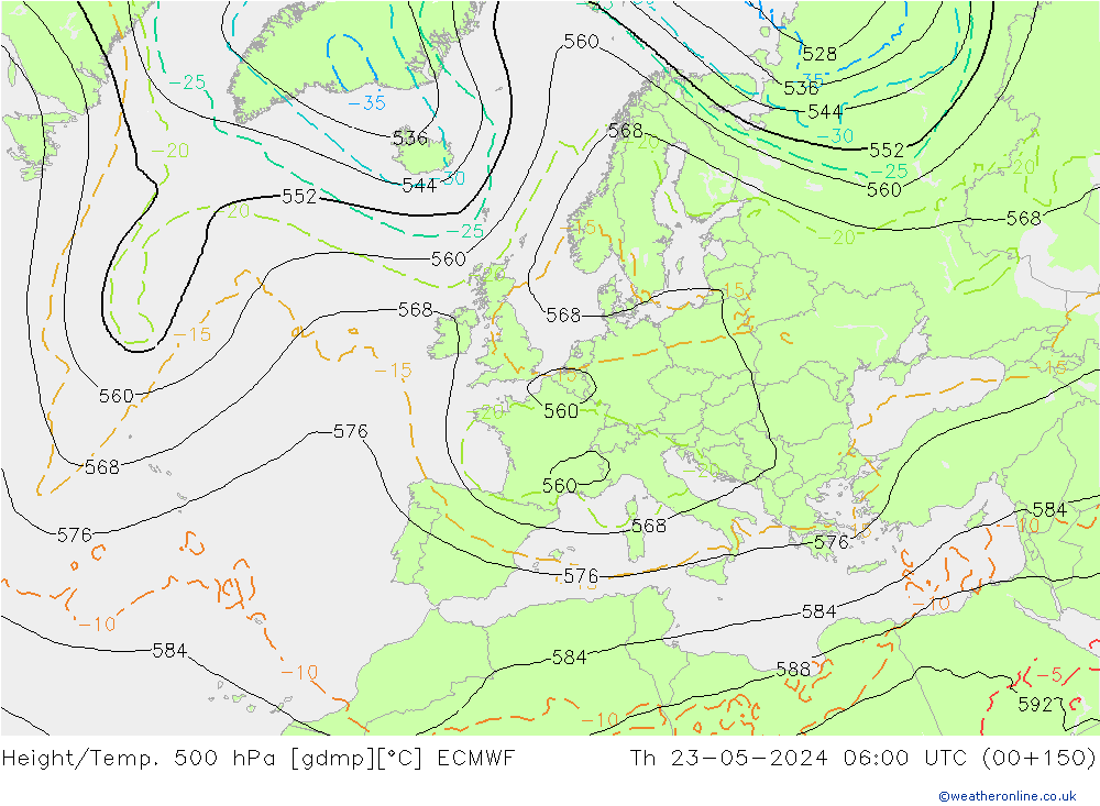Height/Temp. 500 hPa ECMWF Čt 23.05.2024 06 UTC