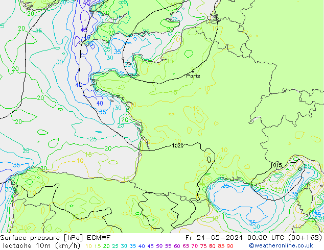 Isotachs (kph) ECMWF Fr 24.05.2024 00 UTC