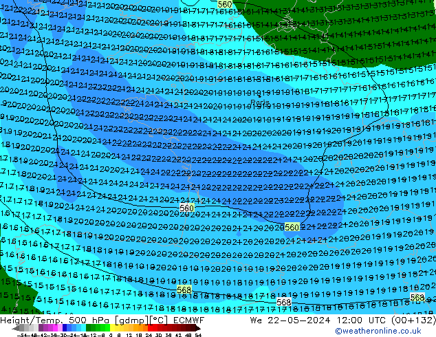 Z500/Yağmur (+YB)/Z850 ECMWF Çar 22.05.2024 12 UTC