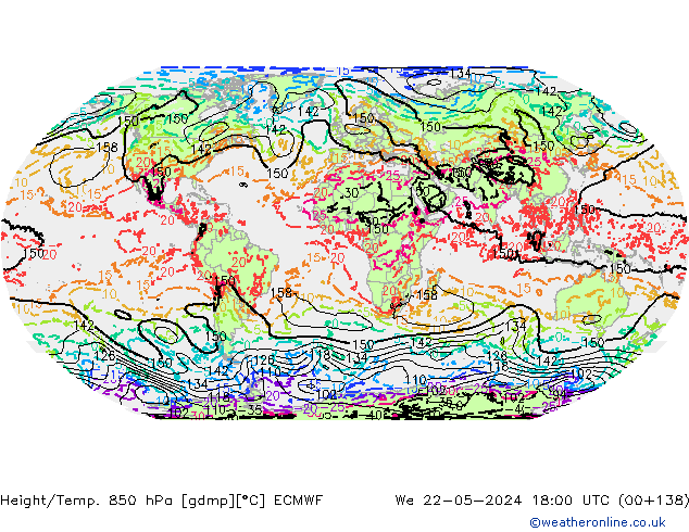 Height/Temp. 850 hPa ECMWF We 22.05.2024 18 UTC