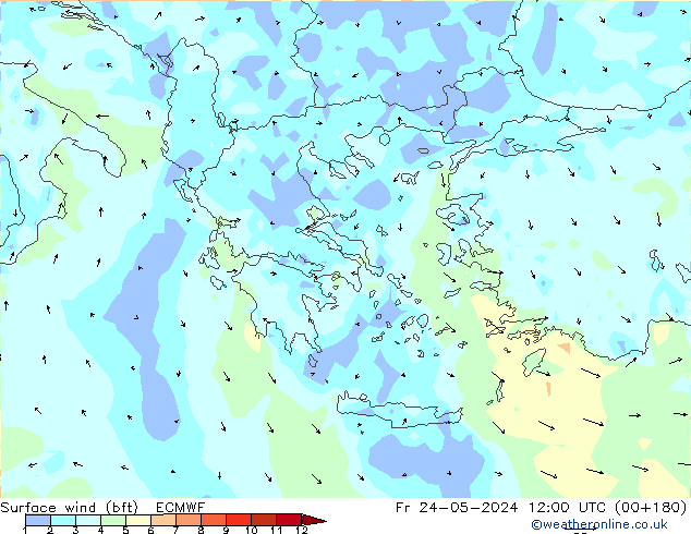 Vento 10 m (bft) ECMWF ven 24.05.2024 12 UTC