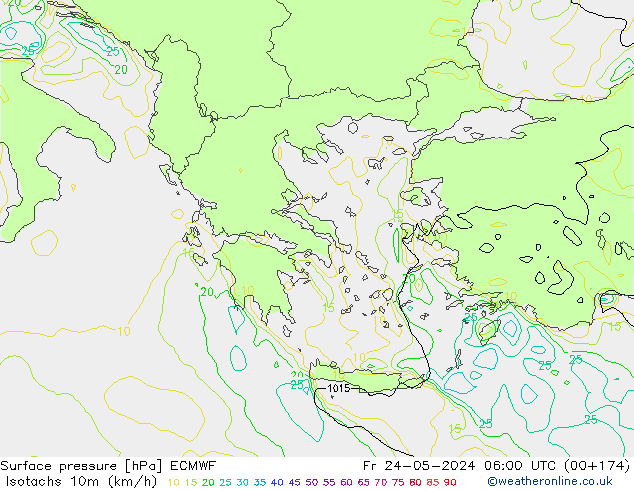 Isotachen (km/h) ECMWF vr 24.05.2024 06 UTC