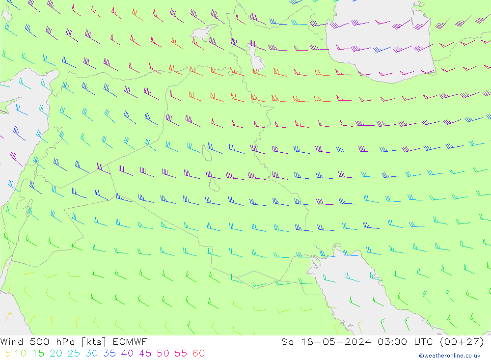 Wind 500 hPa ECMWF Sa 18.05.2024 03 UTC