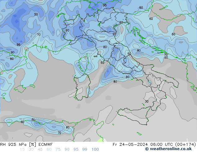 Humidité rel. 925 hPa ECMWF ven 24.05.2024 06 UTC