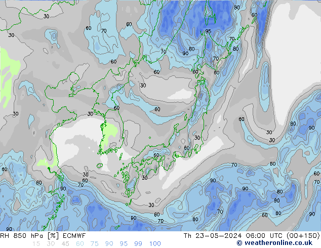 RH 850 hPa ECMWF Qui 23.05.2024 06 UTC