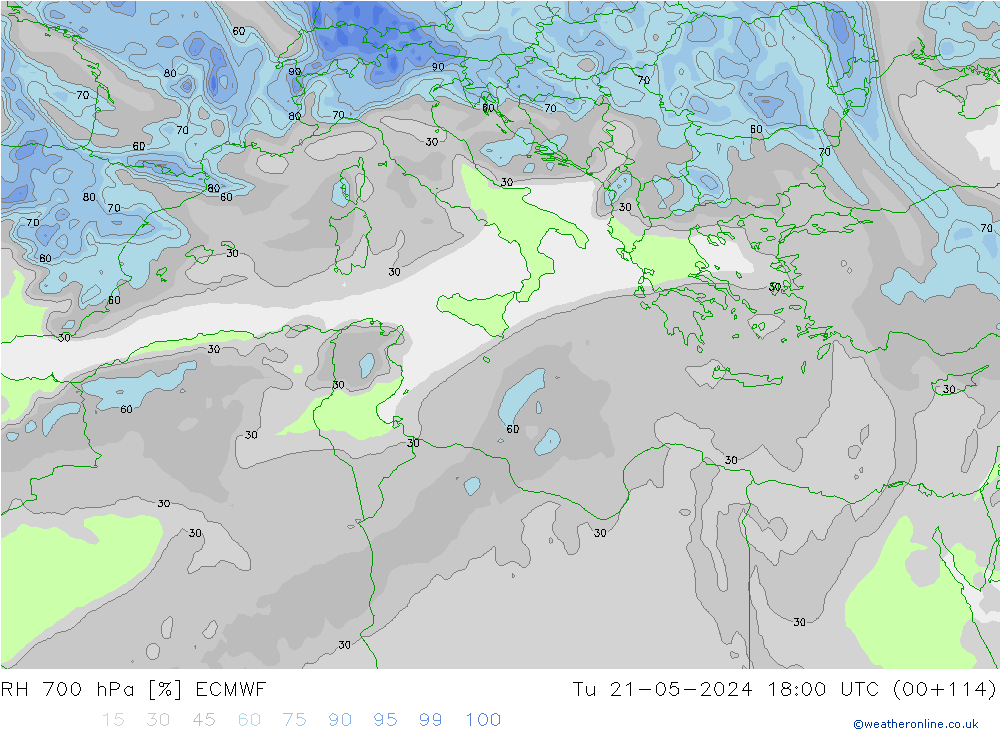 Humidité rel. 700 hPa ECMWF mar 21.05.2024 18 UTC
