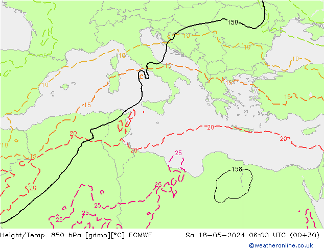 Hoogte/Temp. 850 hPa ECMWF za 18.05.2024 06 UTC