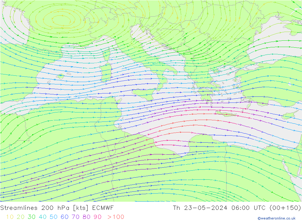 Stroomlijn 200 hPa ECMWF do 23.05.2024 06 UTC