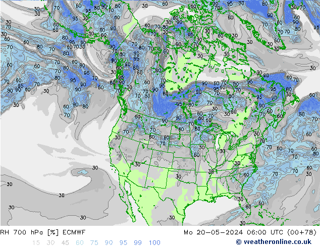 RH 700 hPa ECMWF Mo 20.05.2024 06 UTC