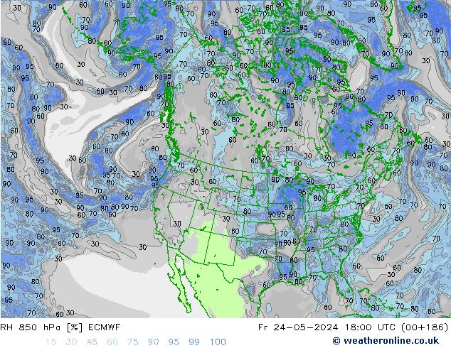 Humidité rel. 850 hPa ECMWF ven 24.05.2024 18 UTC