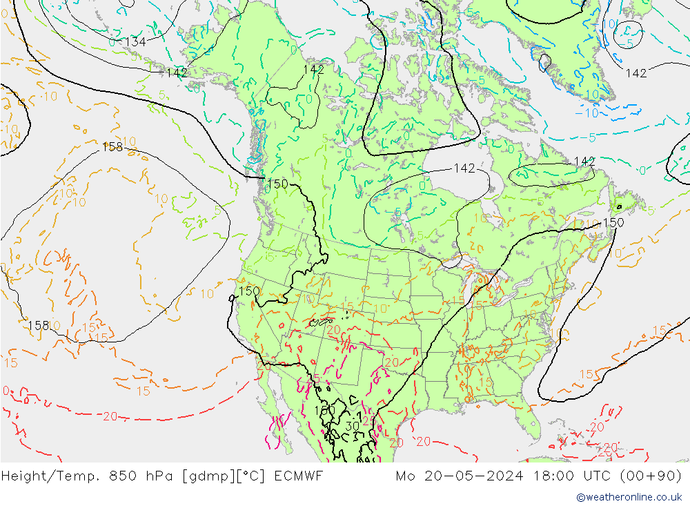 Height/Temp. 850 hPa ECMWF pon. 20.05.2024 18 UTC