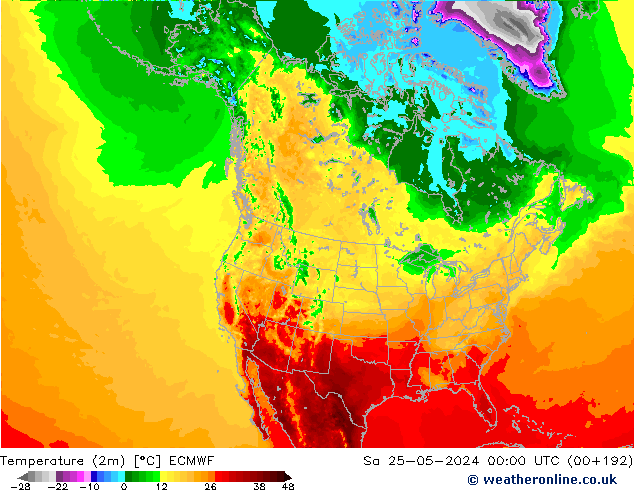 mapa temperatury (2m) ECMWF so. 25.05.2024 00 UTC