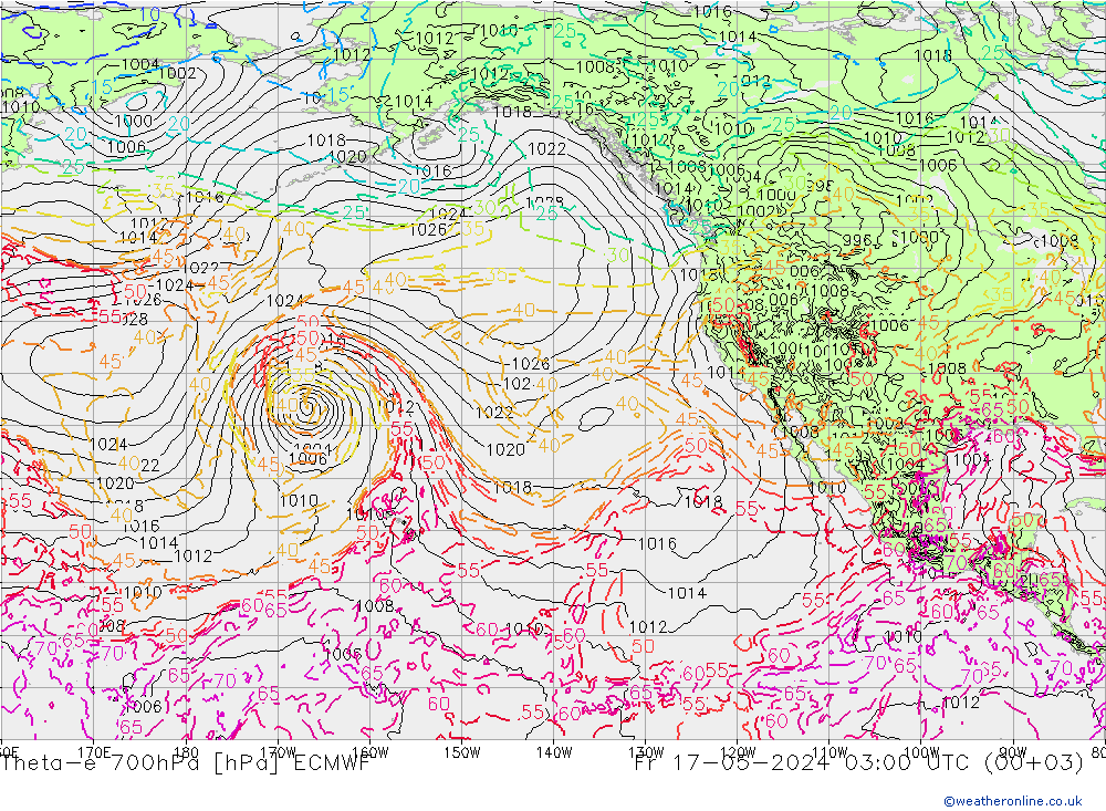 Theta-e 700hPa ECMWF Sex 17.05.2024 03 UTC