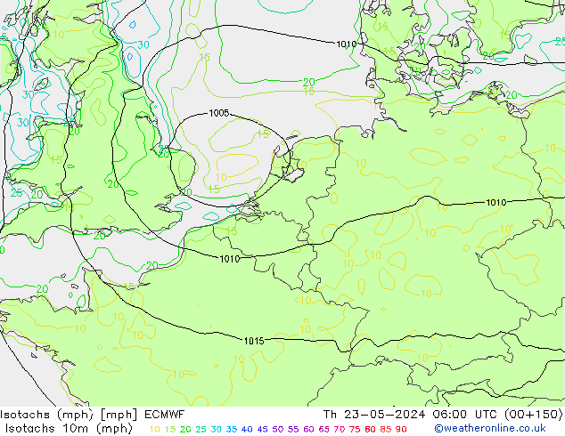 Isotachs (mph) ECMWF Qui 23.05.2024 06 UTC