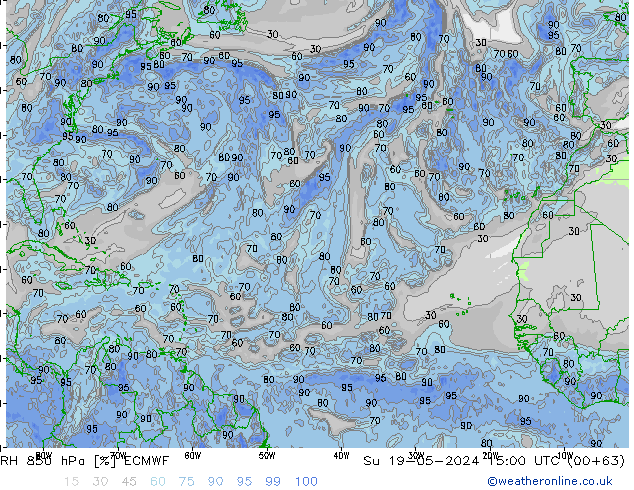 Humidité rel. 850 hPa ECMWF dim 19.05.2024 15 UTC