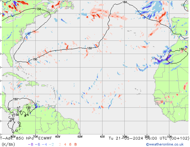 T-Adv. 850 hPa ECMWF Sa 21.05.2024 06 UTC