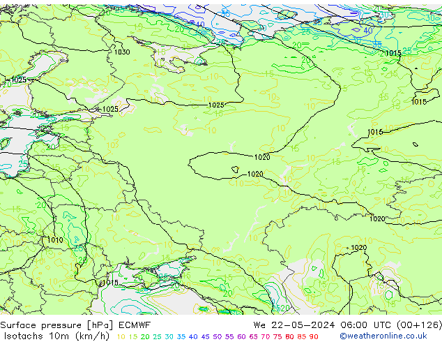 Isotachen (km/h) ECMWF wo 22.05.2024 06 UTC