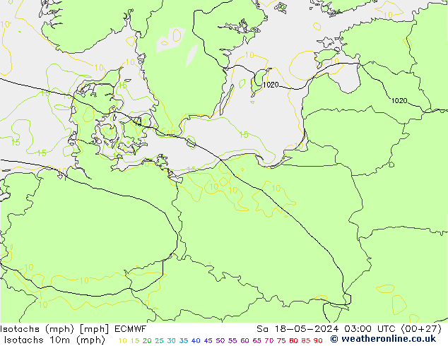 Isotachs (mph) ECMWF сб 18.05.2024 03 UTC
