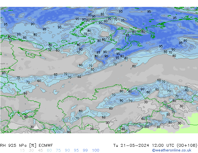 Humidité rel. 925 hPa ECMWF mar 21.05.2024 12 UTC