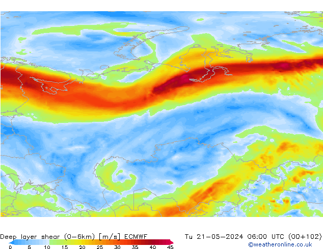 Deep layer shear (0-6km) ECMWF вт 21.05.2024 06 UTC