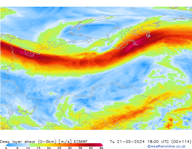 Deep layer shear (0-6km) ECMWF di 21.05.2024 18 UTC