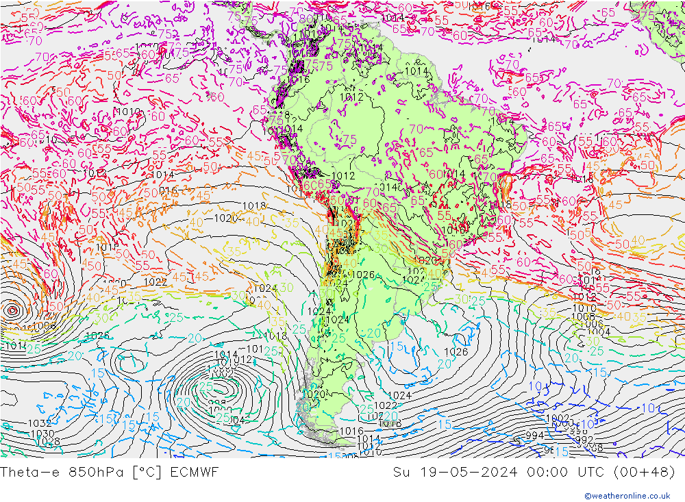 Theta-e 850hPa ECMWF Ne 19.05.2024 00 UTC