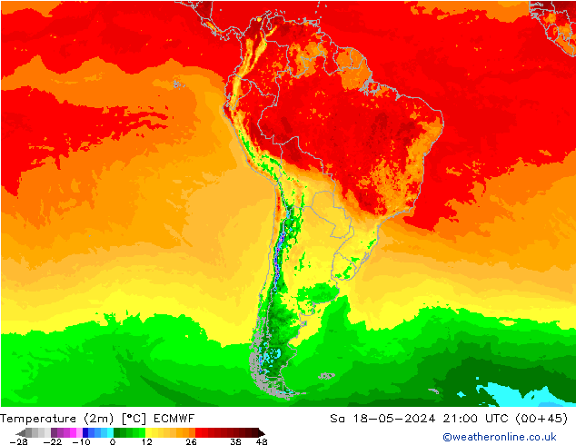 Temperatuurkaart (2m) ECMWF za 18.05.2024 21 UTC