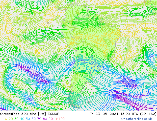 Linea di flusso 500 hPa ECMWF gio 23.05.2024 18 UTC