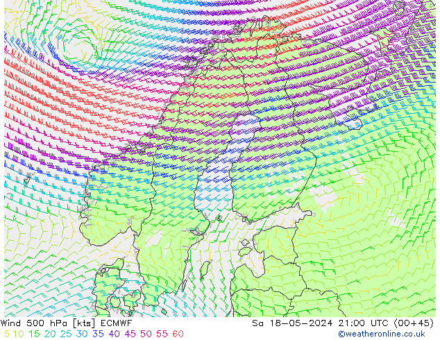 Wind 500 hPa ECMWF Sa 18.05.2024 21 UTC