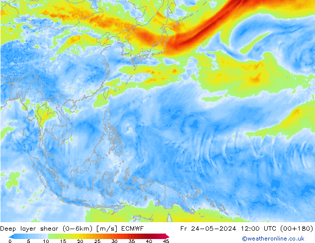 Deep layer shear (0-6km) ECMWF vie 24.05.2024 12 UTC