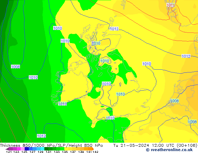 Thck 850-1000 hPa ECMWF Tu 21.05.2024 12 UTC