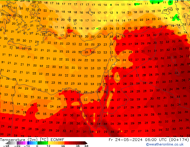 Sıcaklık Haritası (2m) ECMWF Cu 24.05.2024 06 UTC