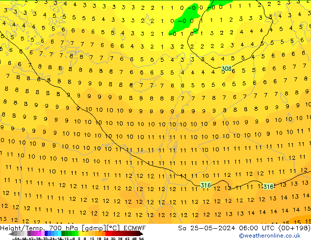 Hoogte/Temp. 700 hPa ECMWF za 25.05.2024 06 UTC