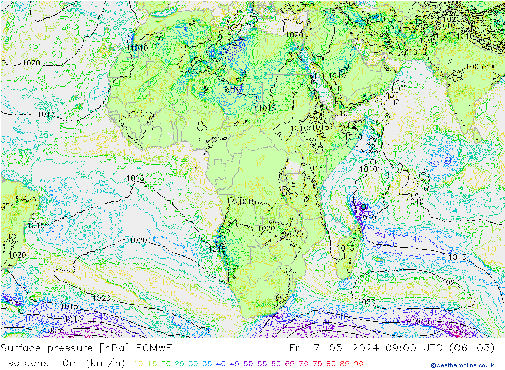 Eşrüzgar Hızları (km/sa) ECMWF Cu 17.05.2024 09 UTC