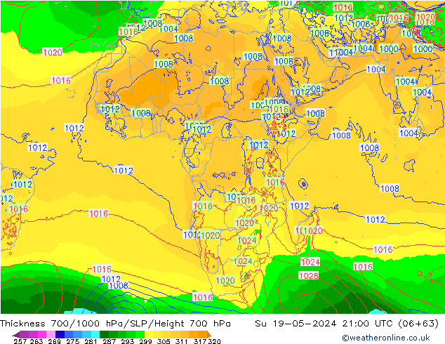 Espesor 700-1000 hPa ECMWF dom 19.05.2024 21 UTC