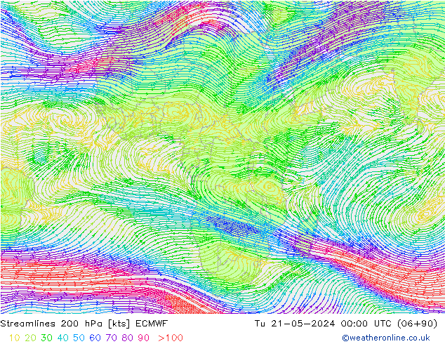 Streamlines 200 hPa ECMWF Tu 21.05.2024 00 UTC