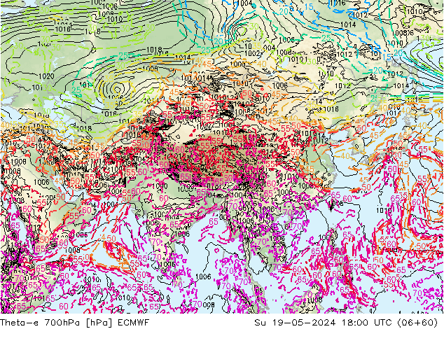 Theta-e 700hPa ECMWF Paz 19.05.2024 18 UTC