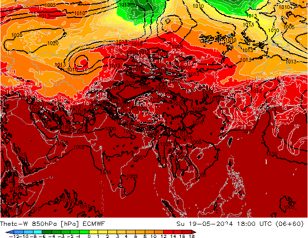 Theta-W 850hPa ECMWF nie. 19.05.2024 18 UTC