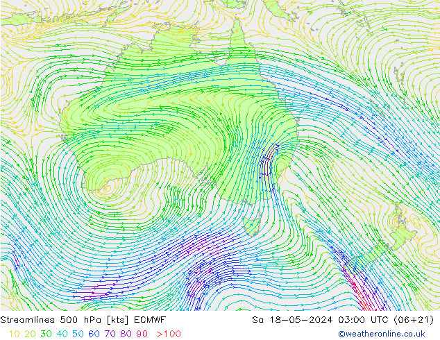 Linia prądu 500 hPa ECMWF so. 18.05.2024 03 UTC