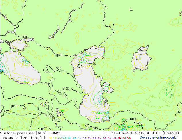 Isotachs (kph) ECMWF Út 21.05.2024 00 UTC